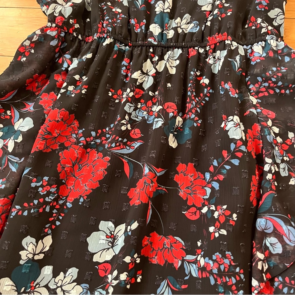 Dolan Julia Clip Dot Jacquard Chiffon Black and Red Floral Mini Ruffle Dress - Picture 6 of 10